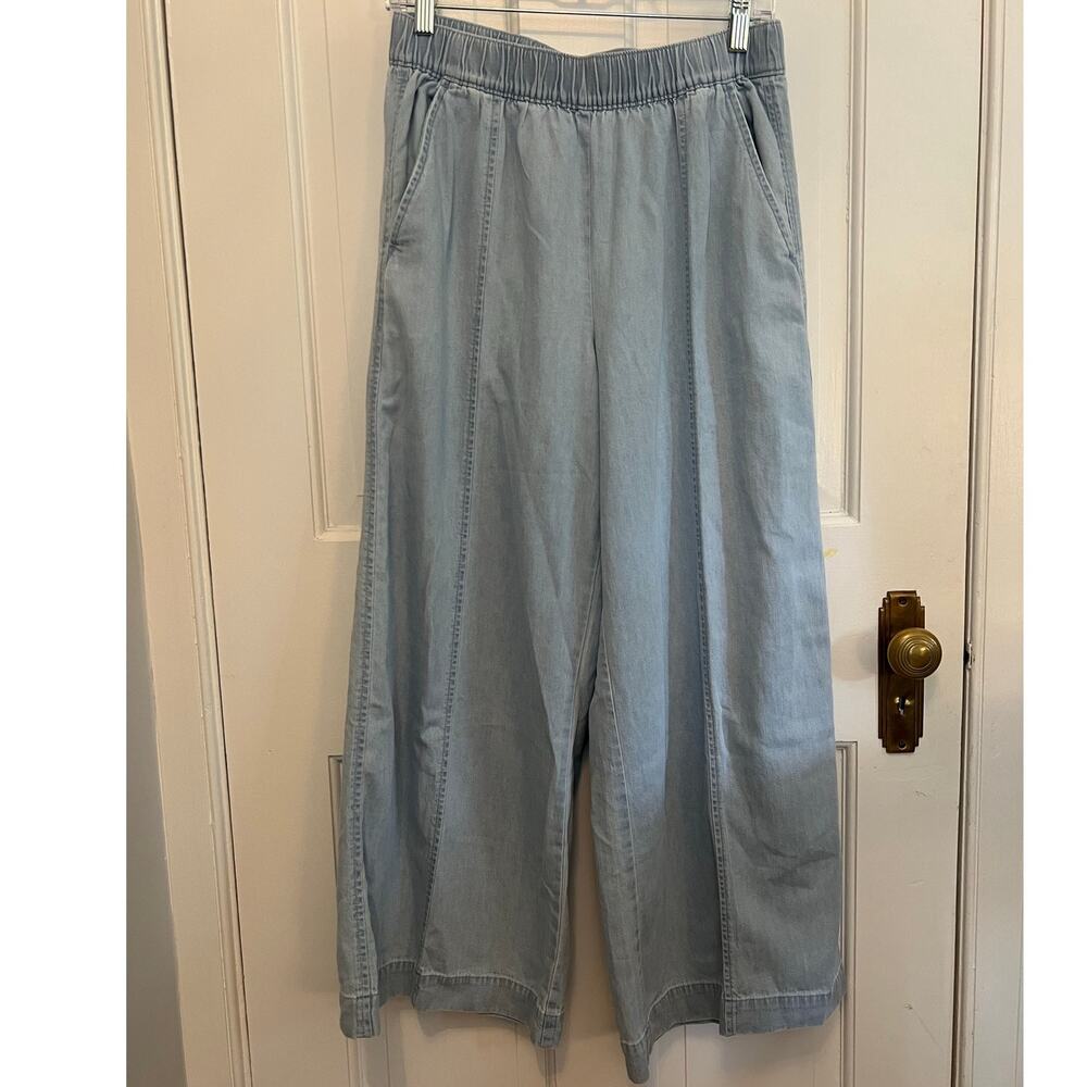 NEW Loft Breezy Wide Leg Crop Pants Chambray Blue 100% Cotton Pull On Women's S - Picture 2 of 14
